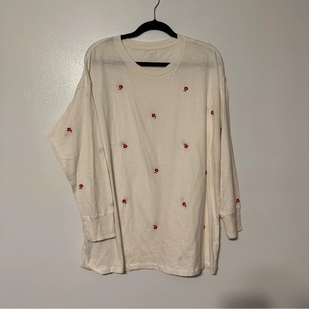 Aerie Embroidered Oversized Long Sleeve Tee Shirt Top size Large White Red NWT - Picture 1 of 6